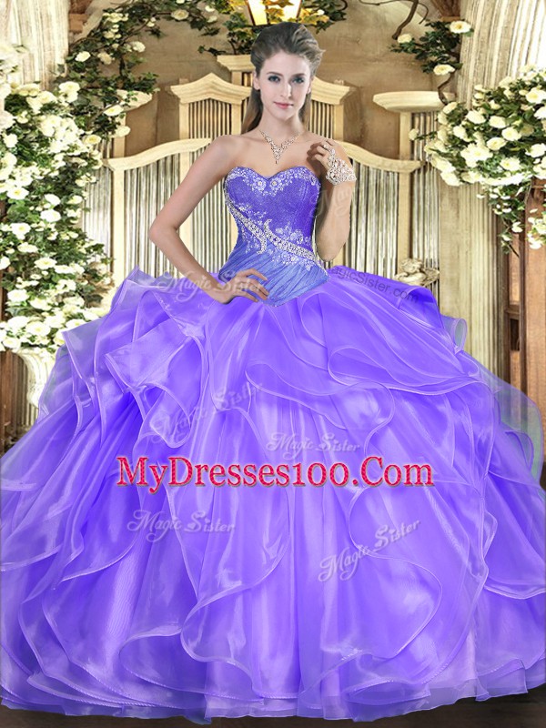 Romantic Beading and Ruffles Quinceanera Dress Lavender Lace Up Sleeveless Floor Length