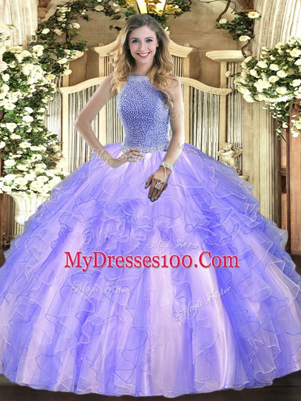 Shining Lavender Ball Gowns Beading and Ruffles Sweet 16 Dresses Lace Up Tulle Sleeveless Floor Length