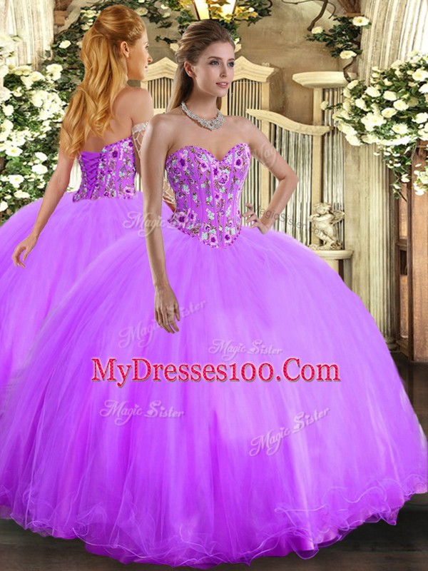 Classical Lavender 15th Birthday Dress Military Ball and Sweet 16 and Quinceanera with Embroidery Sweetheart Sleeveless Lace Up