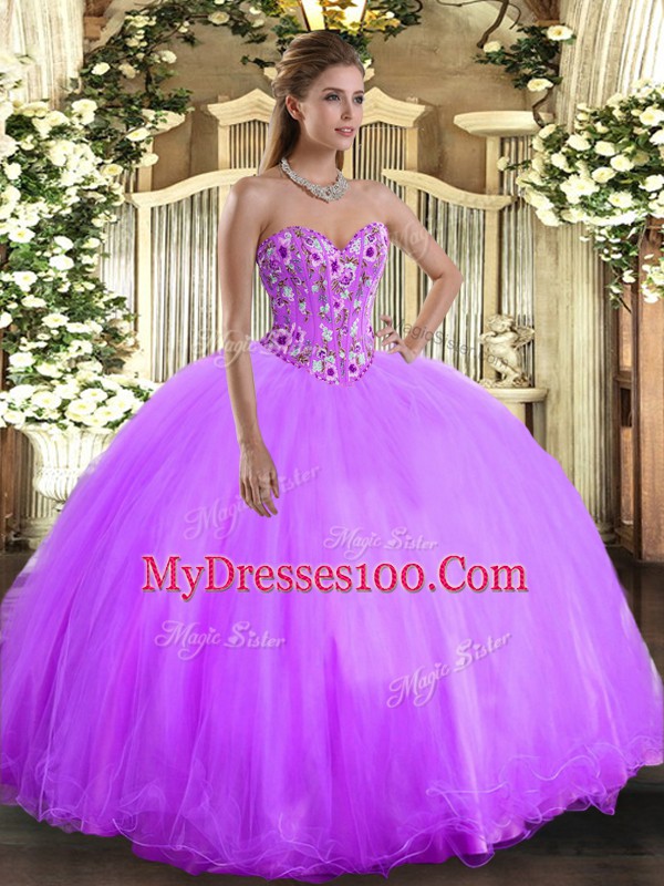 Classical Lavender 15th Birthday Dress Military Ball and Sweet 16 and Quinceanera with Embroidery Sweetheart Sleeveless Lace Up