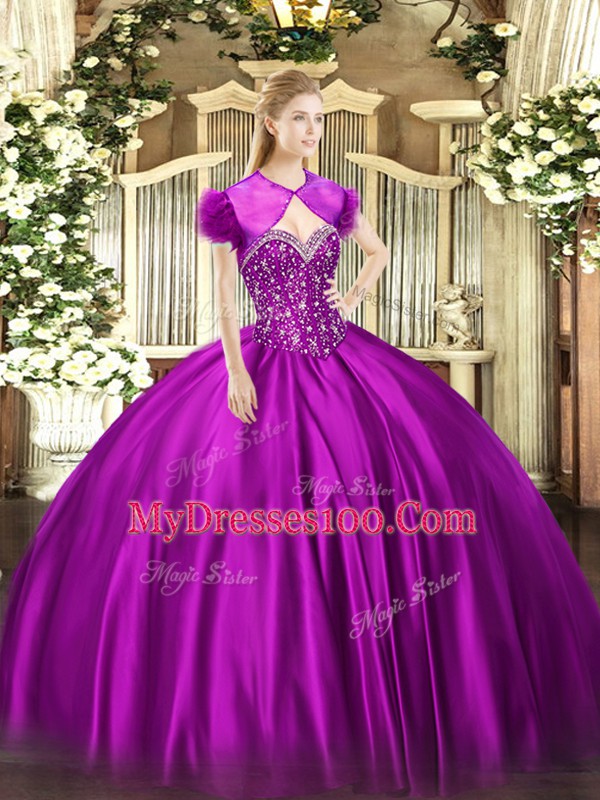 Clearance Fuchsia Satin Lace Up Sweetheart Sleeveless Floor Length 15 Quinceanera Dress Beading