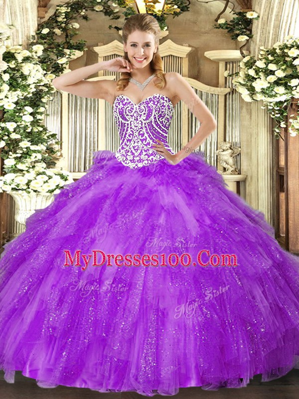 Dynamic Lavender Tulle Lace Up Sweet 16 Dress Sleeveless Floor Length Beading and Ruffles