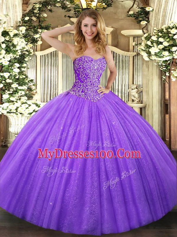 Glittering Lavender Tulle Lace Up Sweetheart Sleeveless Floor Length 15th Birthday Dress Beading