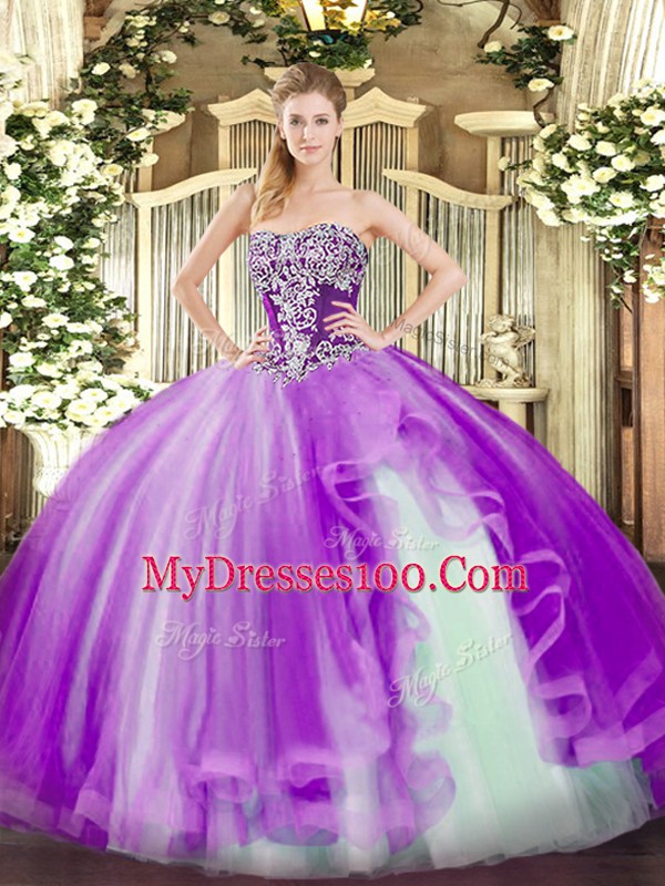 Cute Lavender Sleeveless Tulle Lace Up Quinceanera Gowns for Military Ball and Sweet 16 and Quinceanera