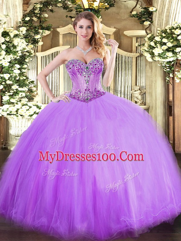 Lovely Lavender Ball Gowns Beading Vestidos de Quinceanera Lace Up Tulle Sleeveless Floor Length