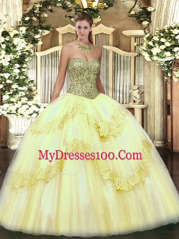 Wonderful Floor Length Light Yellow Quinceanera Gowns Sweetheart Sleeveless Lace Up