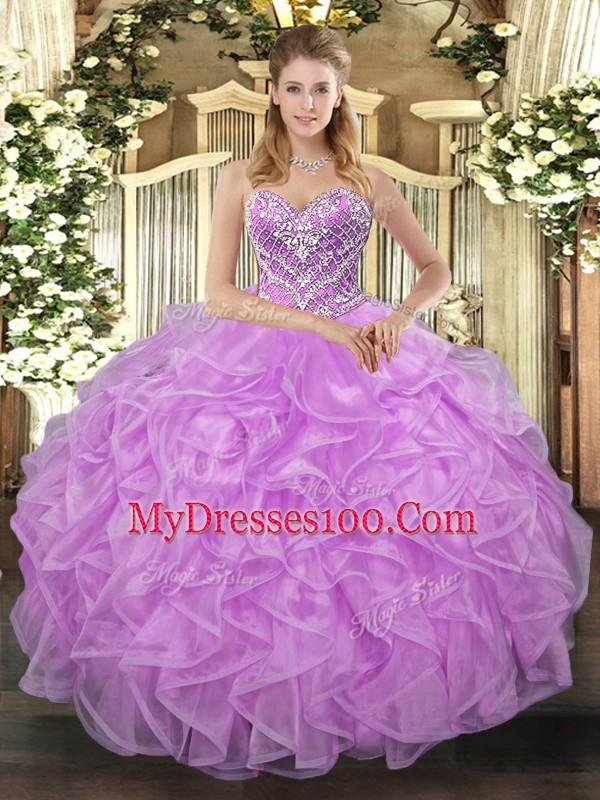 Lilac Sweetheart Lace Up Beading Sweet 16 Quinceanera Dress Sleeveless
