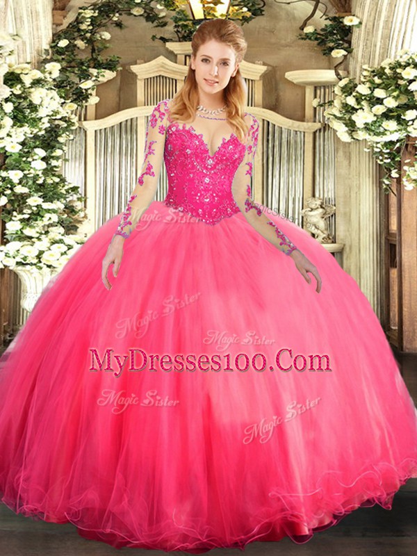 Sweet Coral Red Tulle Lace Up Quinceanera Dress Long Sleeves Floor Length Lace
