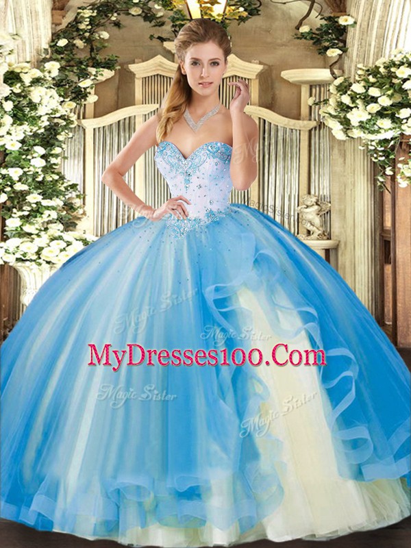 Fancy Beading and Ruffles Sweet 16 Quinceanera Dress Baby Blue Lace Up Sleeveless Floor Length