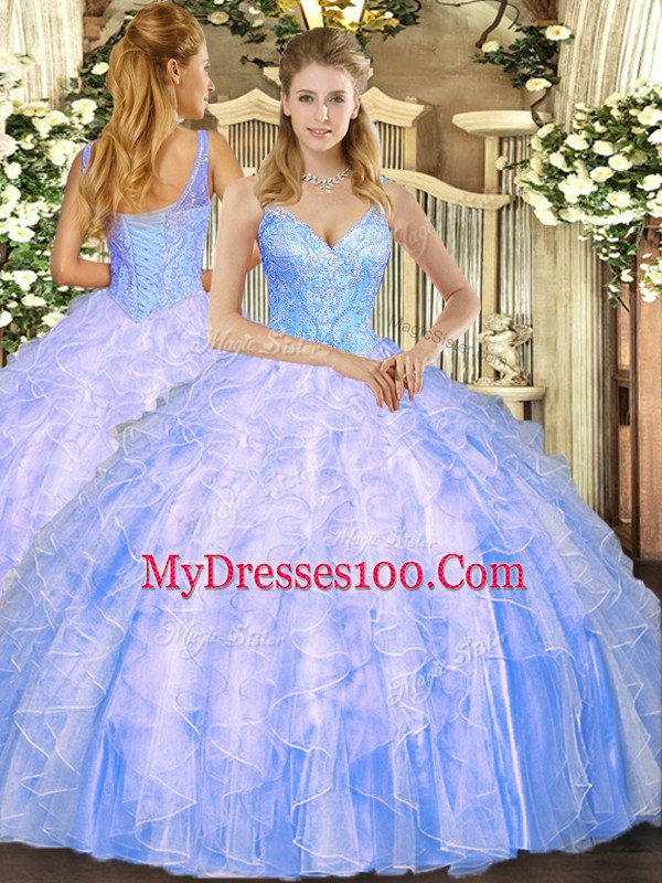 Wonderful Light Blue Ball Gowns Beading and Ruffles Sweet 16 Dresses Lace Up Tulle Sleeveless Floor Length