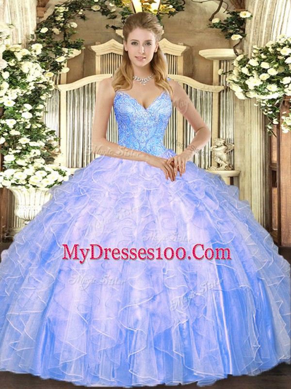 Wonderful Light Blue Ball Gowns Beading and Ruffles Sweet 16 Dresses Lace Up Tulle Sleeveless Floor Length