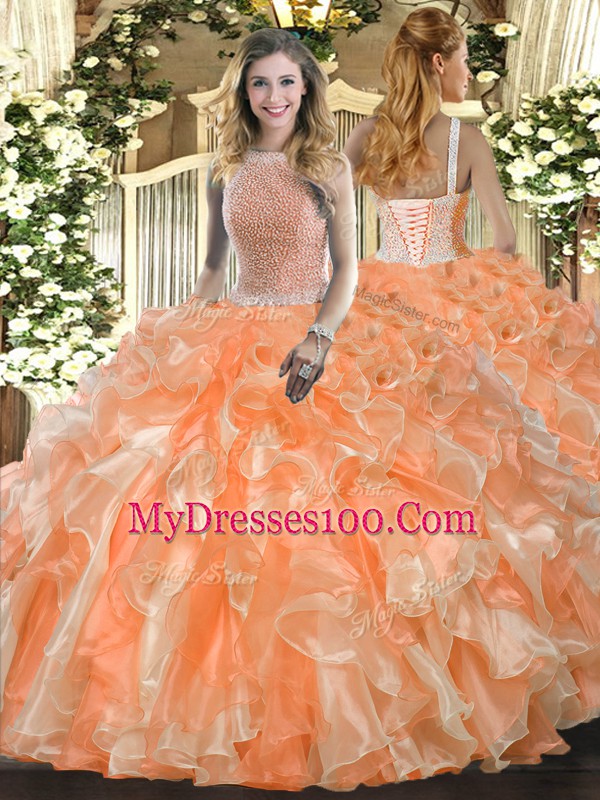 Modern Orange Red Sleeveless Organza Lace Up Sweet 16 Dresses for Military Ball and Sweet 16 and Quinceanera