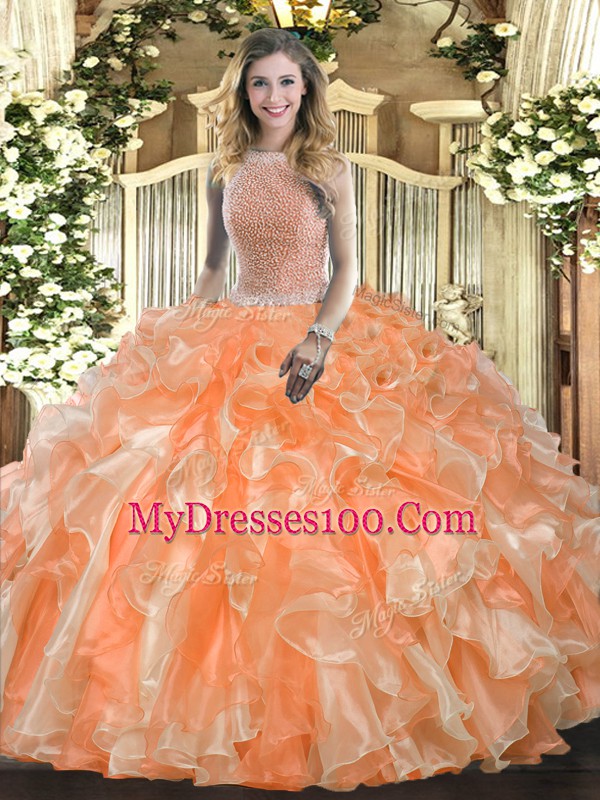 Modern Orange Red Sleeveless Organza Lace Up Sweet 16 Dresses for Military Ball and Sweet 16 and Quinceanera