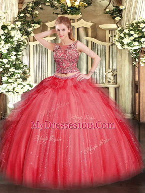New Style Coral Red Two Pieces Tulle Scoop Sleeveless Beading and Ruffles Floor Length Lace Up Vestidos de Quinceanera