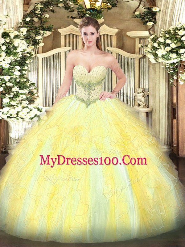 Sophisticated Ball Gowns 15 Quinceanera Dress Gold Sweetheart Tulle Sleeveless Floor Length Lace Up