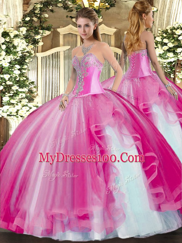 Fuchsia Lace Up Quinceanera Dress Beading and Ruffles Sleeveless Floor Length