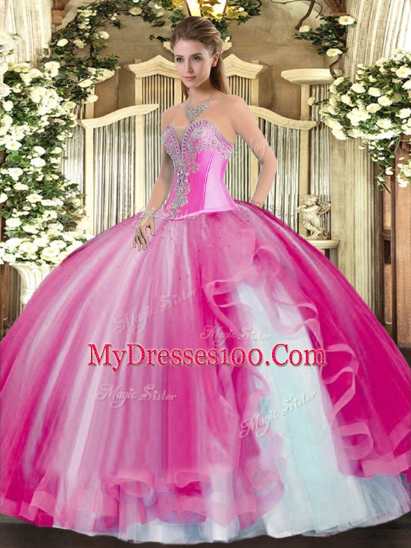Fuchsia Lace Up Quinceanera Dress Beading and Ruffles Sleeveless Floor Length