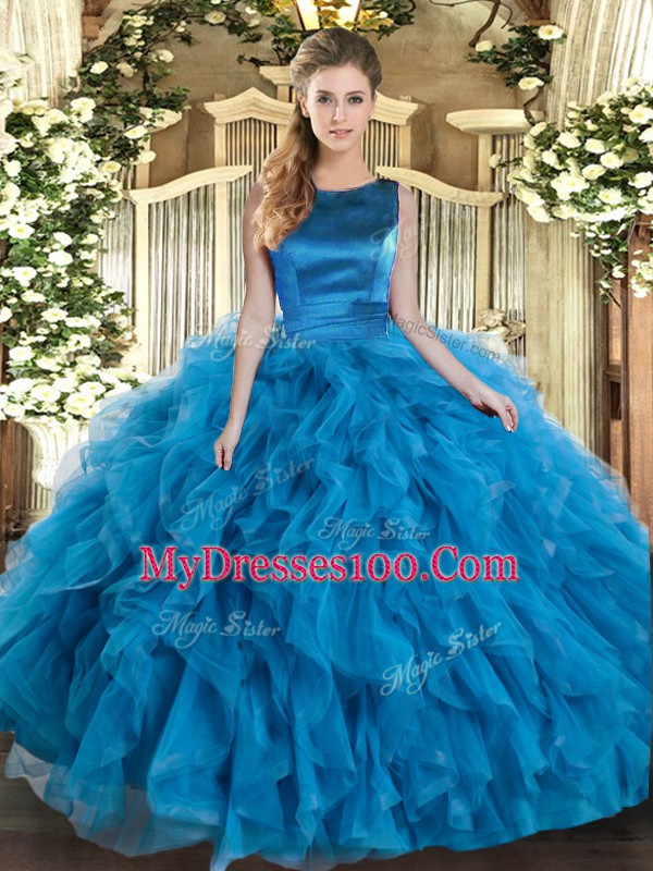Admirable Teal Tulle Lace Up Scoop Sleeveless Floor Length Quinceanera Gown Ruffles