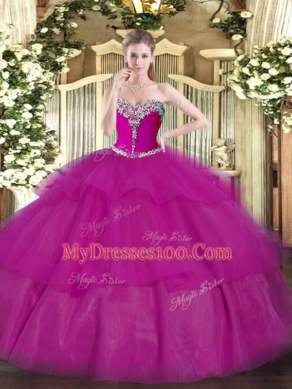 Sleeveless Lace Up Floor Length Beading and Ruffled Layers Vestidos de Quinceanera