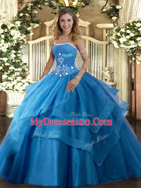 Customized Strapless Sleeveless Tulle 15 Quinceanera Dress Beading and Ruffled Layers Lace Up