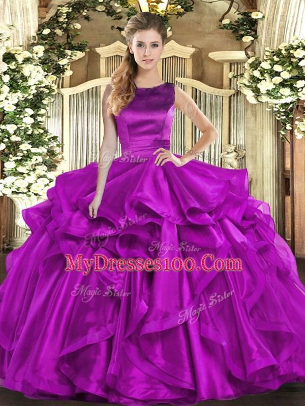 Ball Gowns 15th Birthday Dress Purple Scoop Organza Sleeveless Floor Length Lace Up
