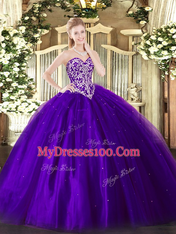 Romantic Floor Length Purple Quince Ball Gowns Tulle Sleeveless Beading