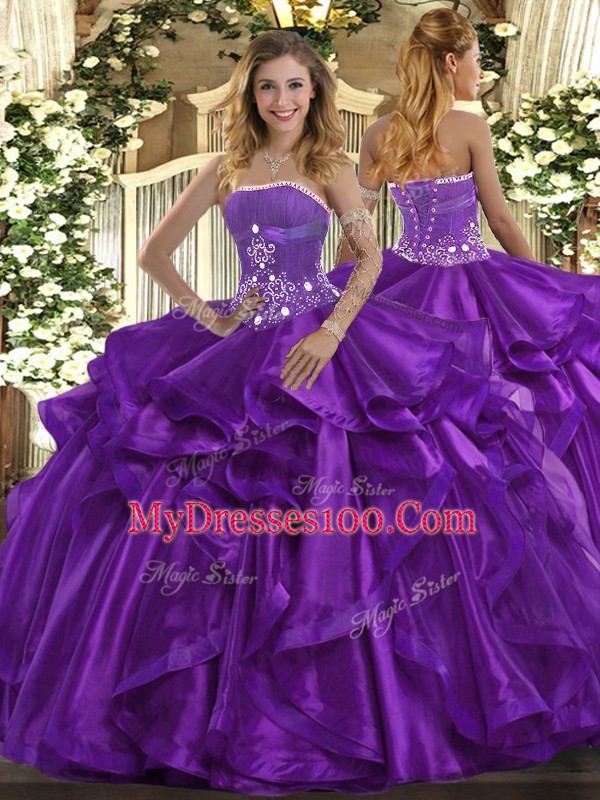 Suitable Floor Length Purple 15th Birthday Dress Strapless Sleeveless Lace Up
