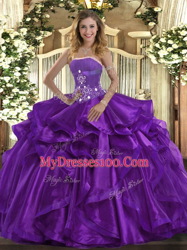 Suitable Floor Length Purple 15th Birthday Dress Strapless Sleeveless Lace Up