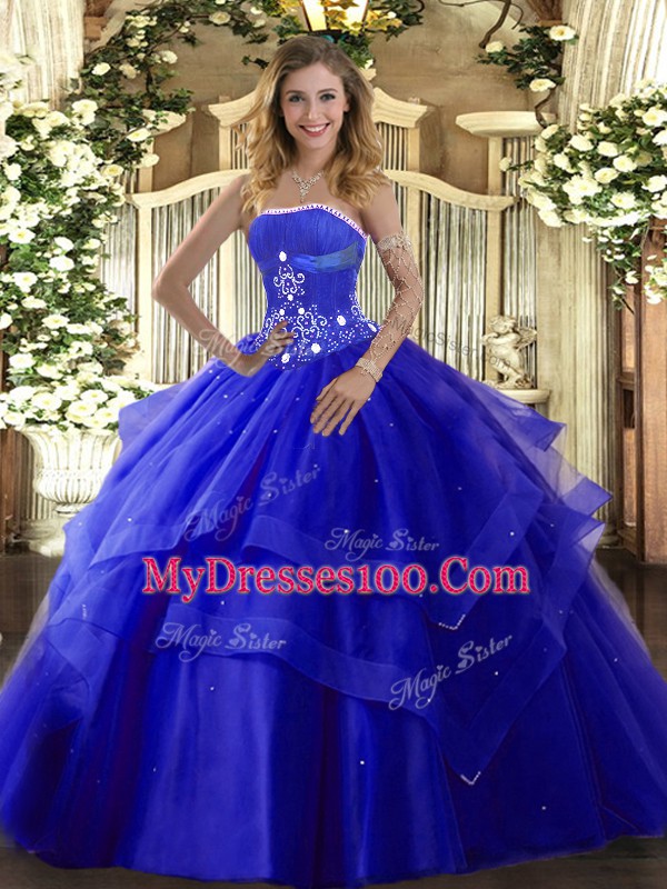 Colorful Royal Blue Lace Up Strapless Beading and Ruffled Layers Sweet 16 Quinceanera Dress Tulle Sleeveless