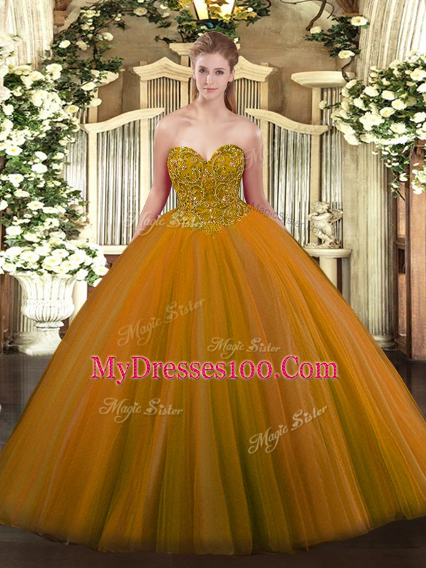 Sleeveless Floor Length Beading Lace Up Ball Gown Prom Dress with Brown