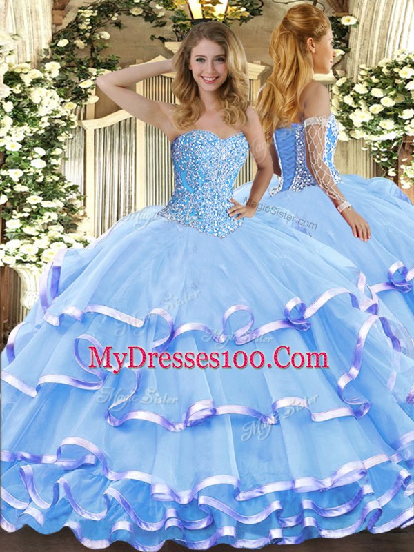 Discount Aqua Blue Lace Up Quinceanera Dress Beading and Ruffled Layers Sleeveless Floor Length
