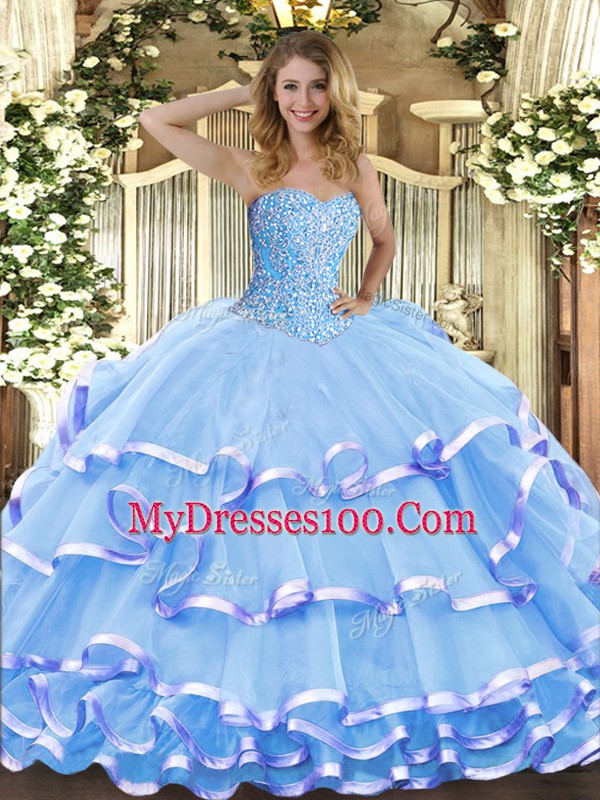 Discount Aqua Blue Lace Up Quinceanera Dress Beading and Ruffled Layers Sleeveless Floor Length