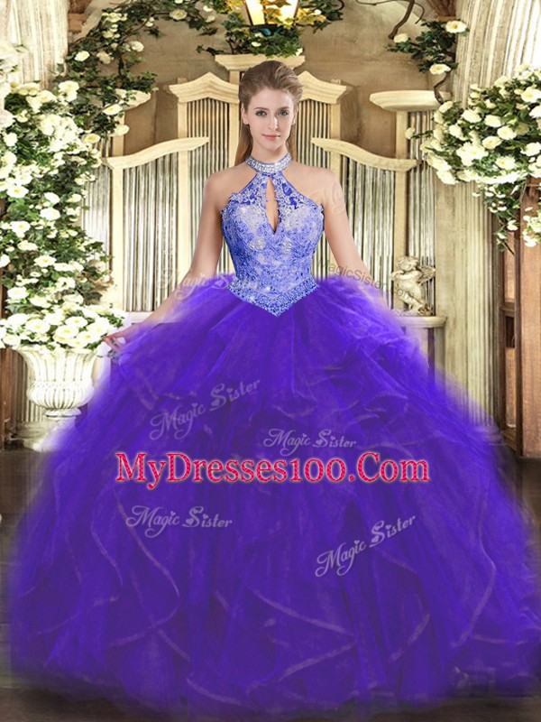 Lovely Floor Length Purple 15th Birthday Dress Halter Top Sleeveless Lace Up