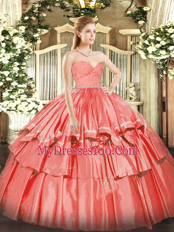 Watermelon Red Zipper Sweetheart Beading and Lace and Ruffled Layers Quinceanera Gown Organza Sleeveless