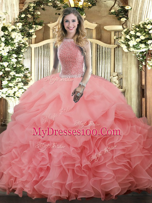 Superior Ball Gowns Quinceanera Gown Watermelon Red High-neck Organza Sleeveless Floor Length Lace Up