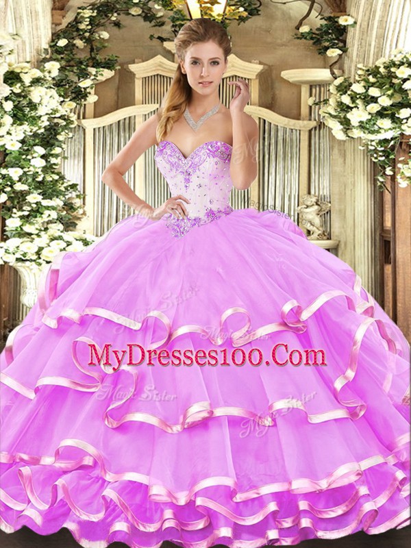 Fashionable Lilac Sleeveless Beading and Ruffled Layers Floor Length Quinceanera Gown