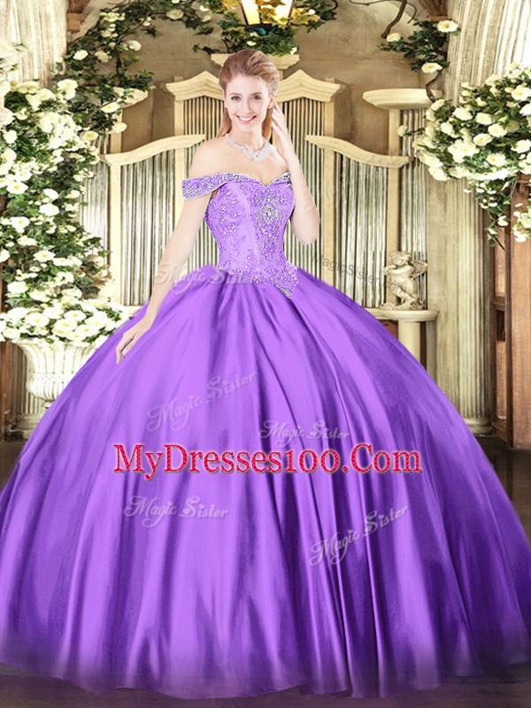 Purple Ball Gowns Off The Shoulder Sleeveless Satin Floor Length Lace Up Beading Vestidos de Quinceanera