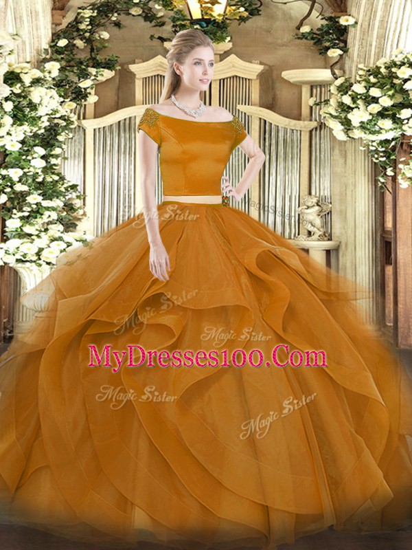 Floor Length Zipper Quince Ball Gowns Brown for Military Ball and Sweet 16 and Quinceanera with Appliques and Ruffles