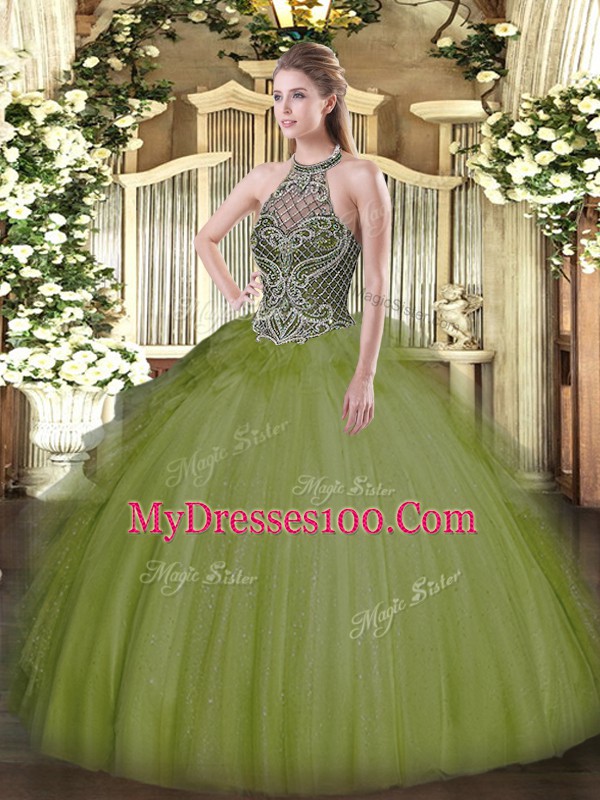 Dynamic Sleeveless Floor Length Beading Lace Up Sweet 16 Dresses with Olive Green