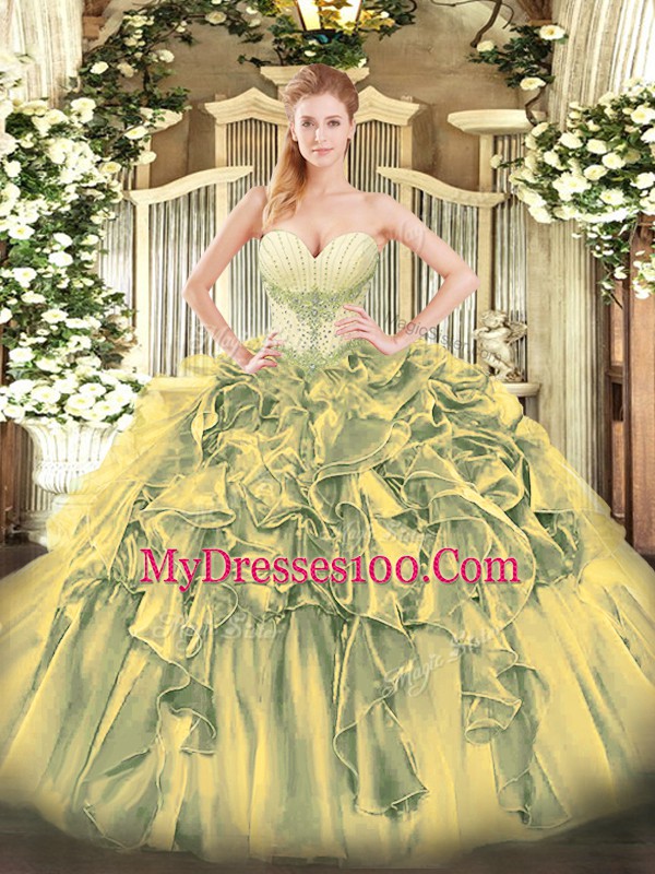 New Arrival Olive Green Sweetheart Lace Up Beading and Ruffles Quinceanera Dress Sleeveless
