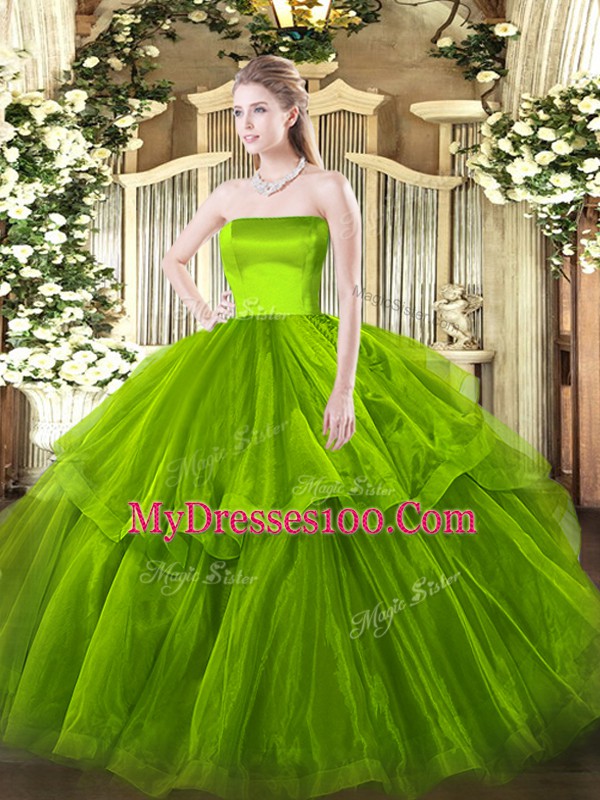 Olive Green 15th Birthday Dress Military Ball and Sweet 16 and Quinceanera with Ruffled Layers Strapless Sleeveless Brush Train Zipper