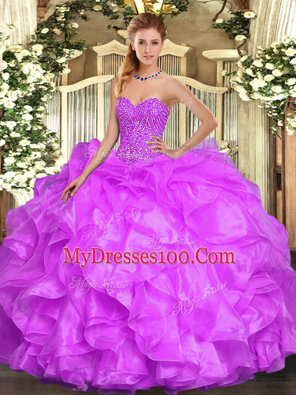 Lilac Sleeveless Floor Length Beading and Ruffles Lace Up 15 Quinceanera Dress