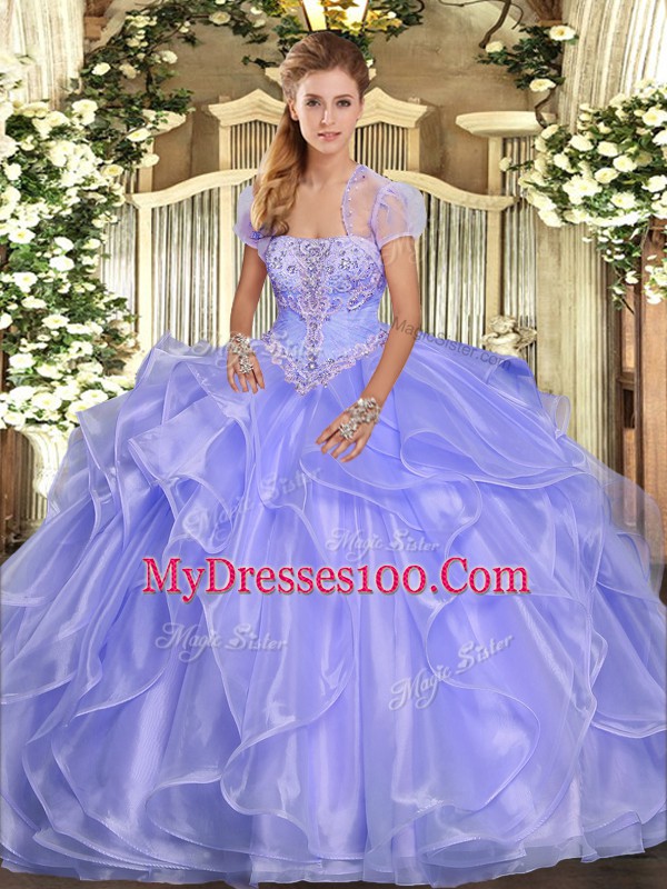 Graceful Lavender Ball Gowns Organza Strapless Sleeveless Appliques and Ruffles Floor Length Lace Up 15 Quinceanera Dress