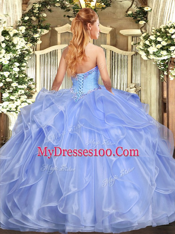 Graceful Lavender Ball Gowns Organza Strapless Sleeveless Appliques and Ruffles Floor Length Lace Up 15 Quinceanera Dress
