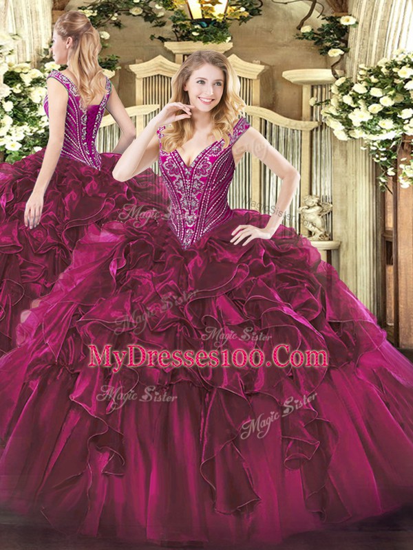 New Arrival Floor Length Fuchsia 15th Birthday Dress Organza Sleeveless Beading and Ruffles