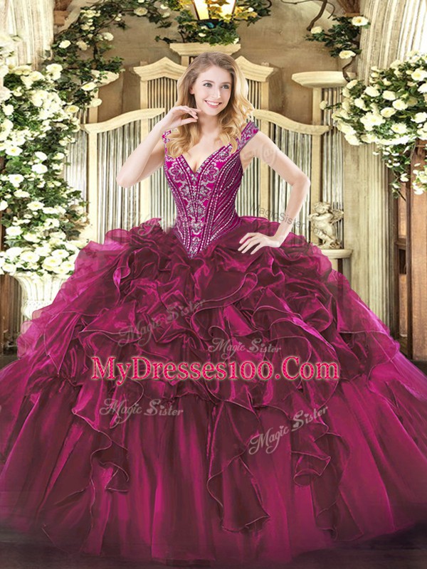 New Arrival Floor Length Fuchsia 15th Birthday Dress Organza Sleeveless Beading and Ruffles