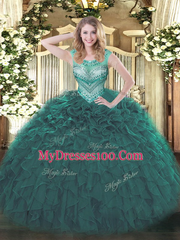 Teal Lace Up Scoop Beading and Ruffles Sweet 16 Quinceanera Dress Organza Sleeveless