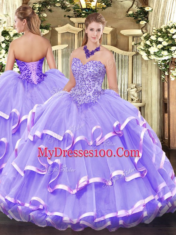Organza Sweetheart Sleeveless Lace Up Appliques and Ruffled Layers 15th Birthday Dress in Lavender