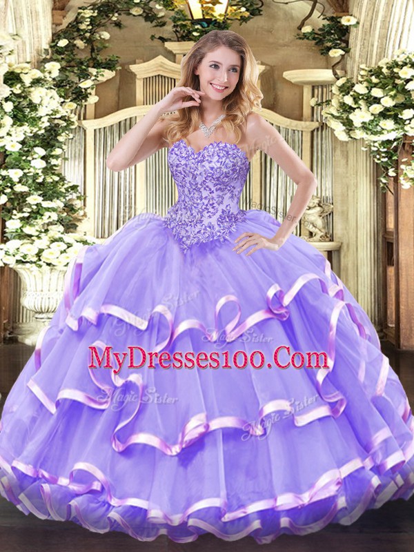 Organza Sweetheart Sleeveless Lace Up Appliques and Ruffled Layers 15th Birthday Dress in Lavender