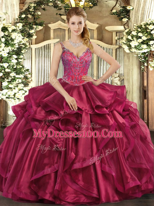 Floor Length Lace Up Vestidos de Quinceanera Wine Red for Military Ball and Sweet 16 and Quinceanera with Beading and Ruffles